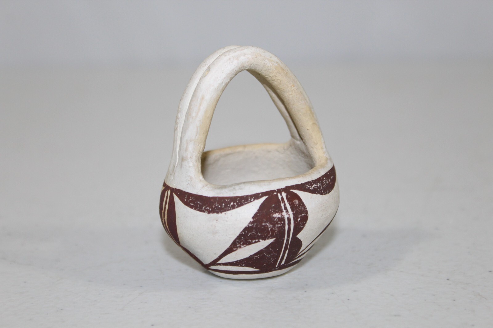 Vintage Acoma Pottery Small Basket Bowl 2.5" Tall Unsigned White & Brown