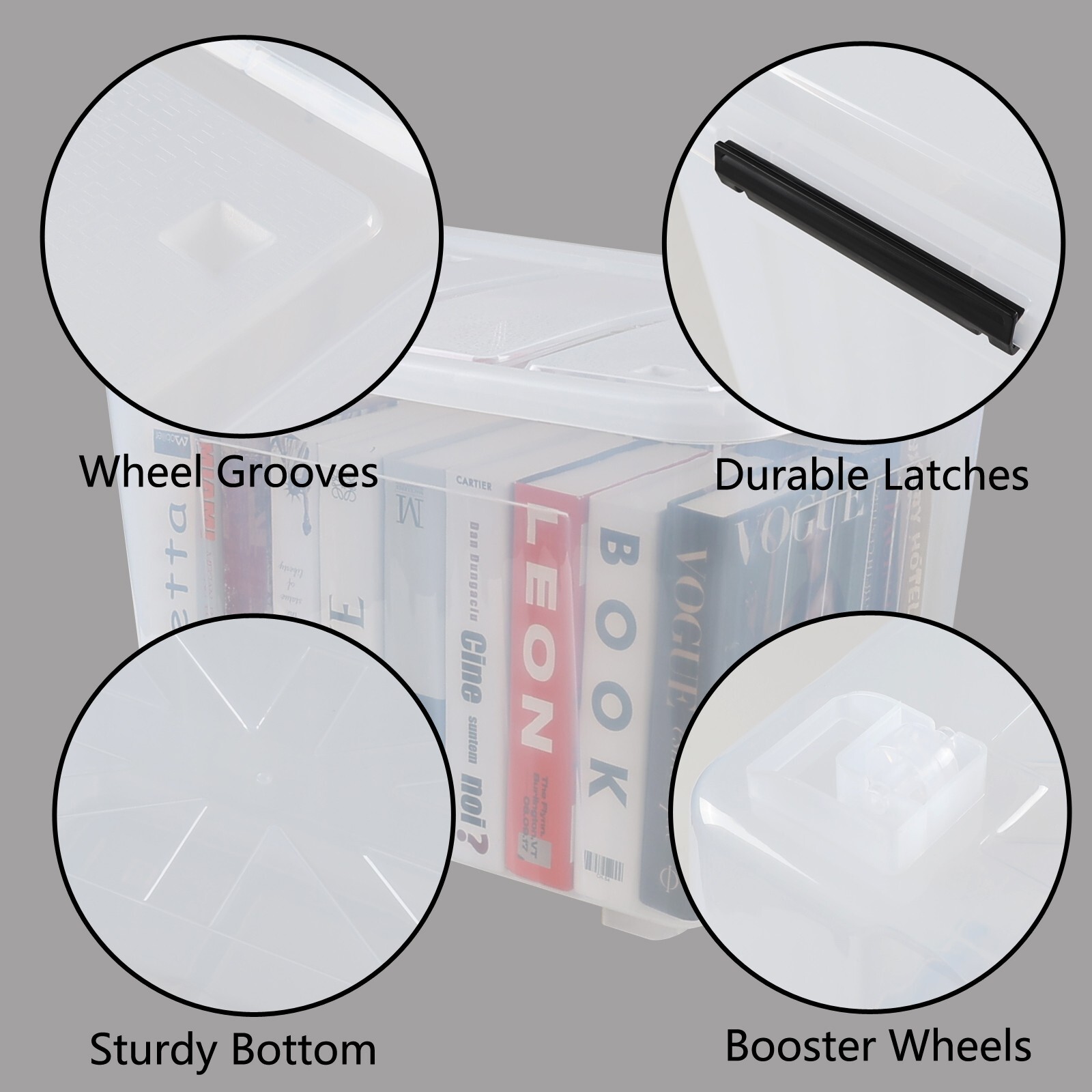 70 Quart Plastic Storage Box, Stackable Latching Bin with Lid & Wheels, 4-Packs