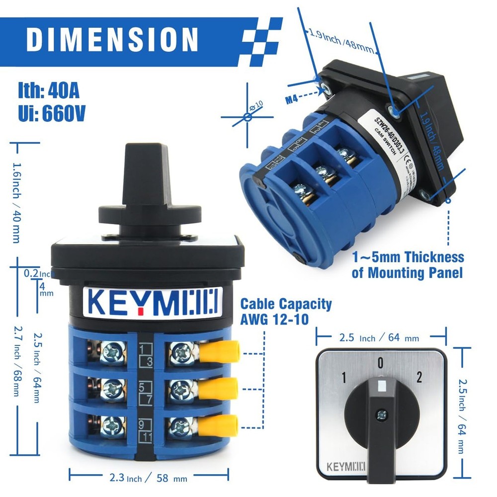 40A 3 Position Rotary Changeover Switch 3 Phase 12 Terminals Universal Selector