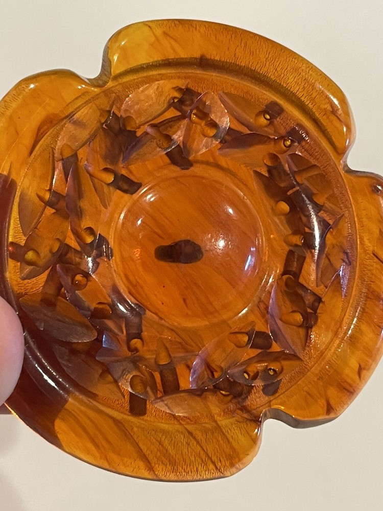 Vintage Tested Root Beer Bakelite Carved Flower Button 2”