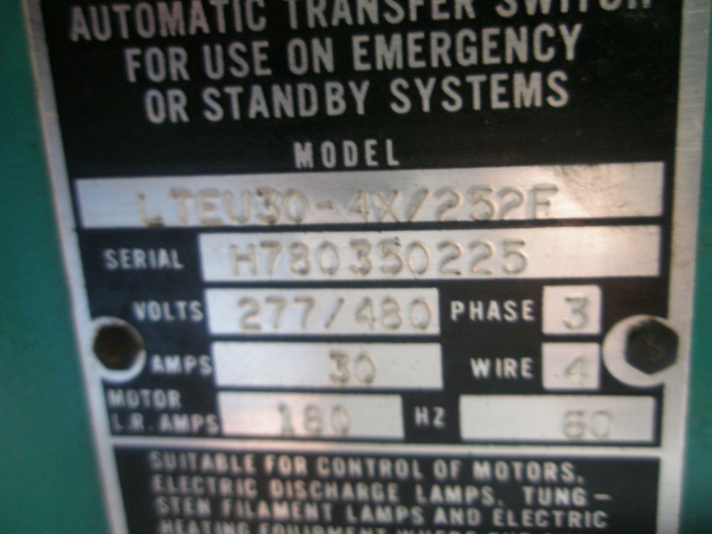 ONAN AUTOMATIC TRANSFER SWITCH LTEU30-4X/252F VOLTS 277/480 FOR STANDBY SYSTEMS