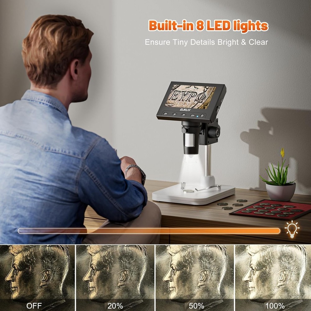 Coin Microscope 1000x 8 LED 4.3 Inch Height Adjustable Stand