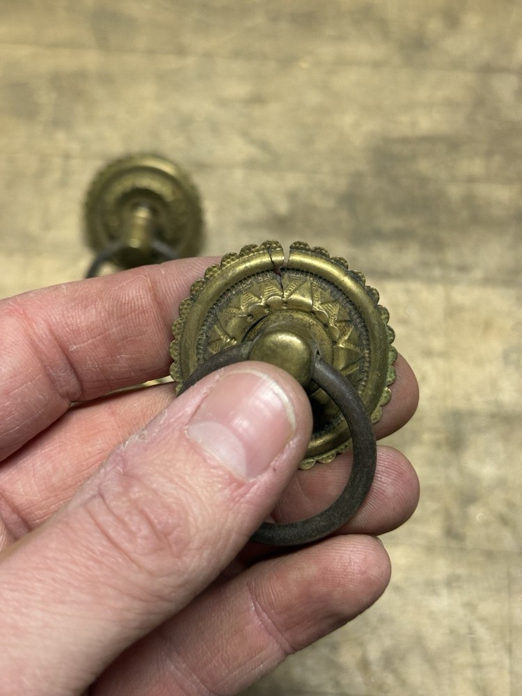 4 Victorian Drawer Pulls Hardware, Square Nut- Brass- Floral Design