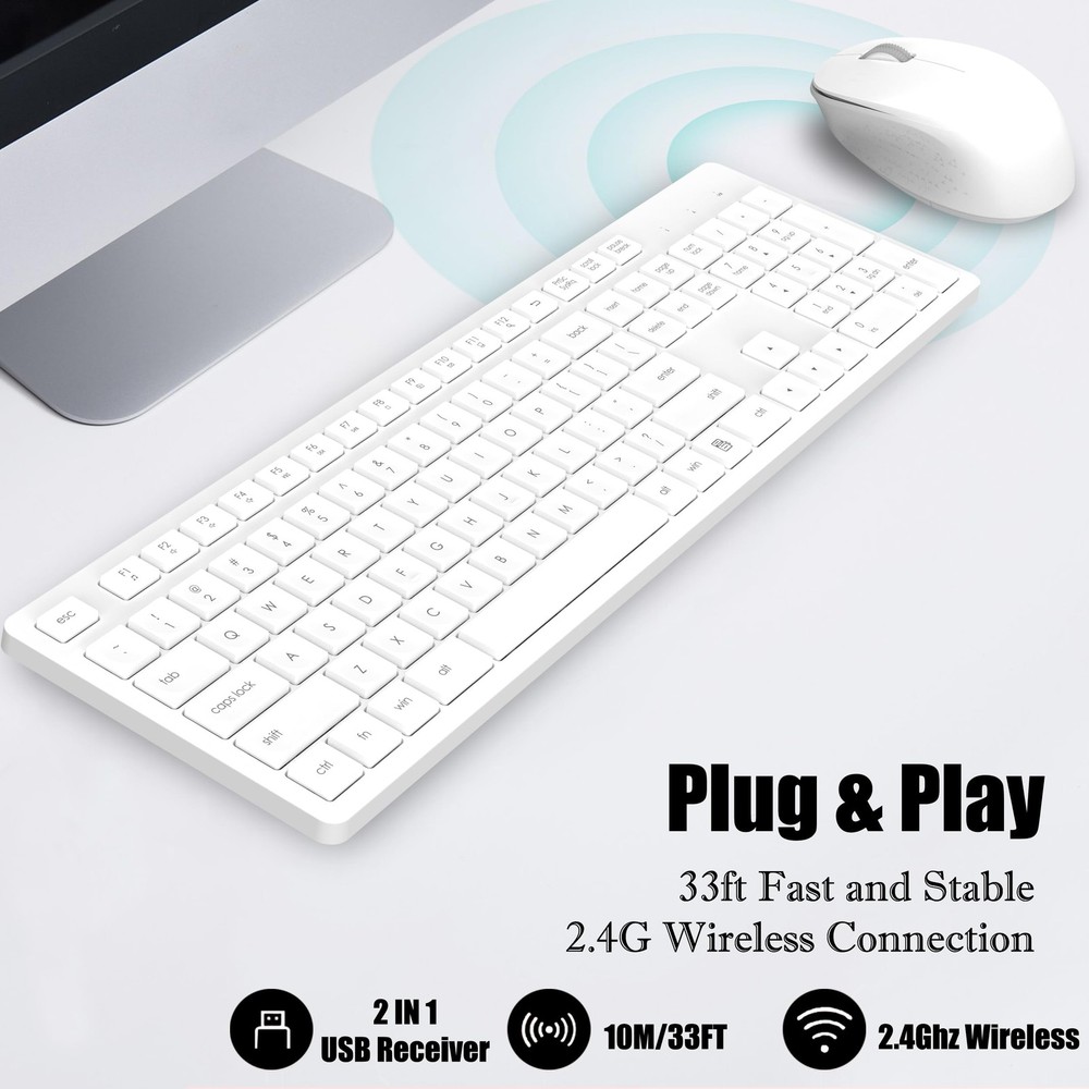 White Wireless Keyboard and Mouse Combo Full-Sized Ergonomic Computer Keyboar...