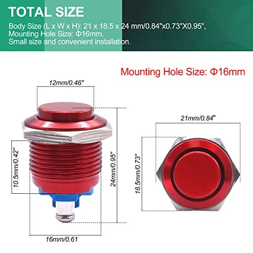 /16mm Waterproof Metal Shell Momentary Raised Top Push Button Switch Red
