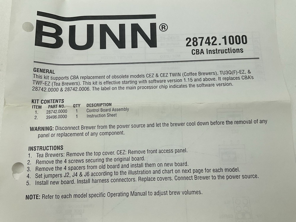 Bunn CBA Control 28742.1000 Coffee Tea Brewer Control Board