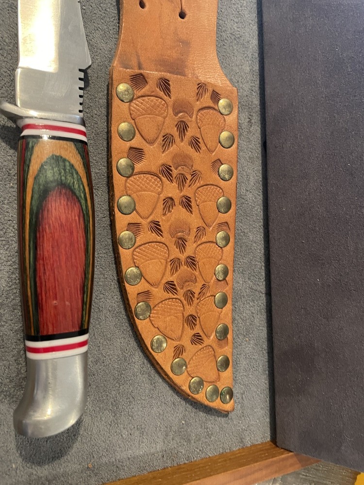 Custom handmade laminate handle hunter with custom leather sheath--1785.23