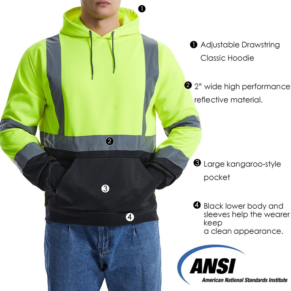 Hi Vis Safety Hoodie Class 3 Reflective Pullover Work Sweatshirt Pockets