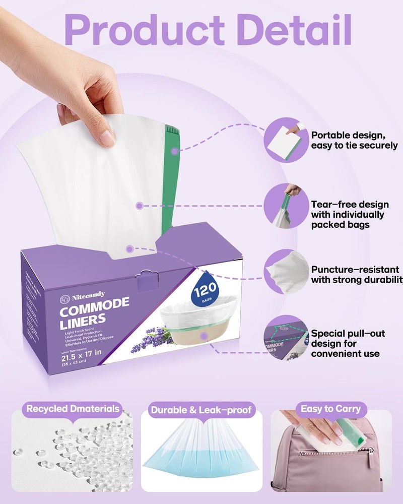 Commode Liners for Bedside Commode, 120 Count Universal Fit, Disposable Toile...