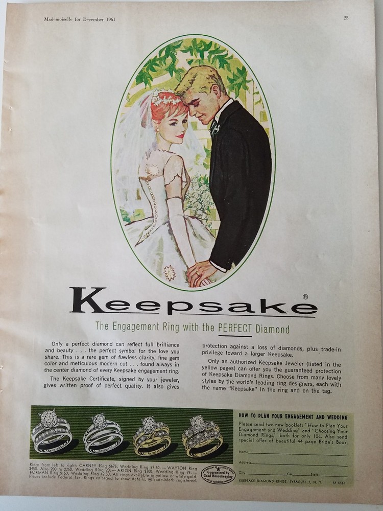 1961 Keepsake diamond engagement ring redhead bridegroom ad