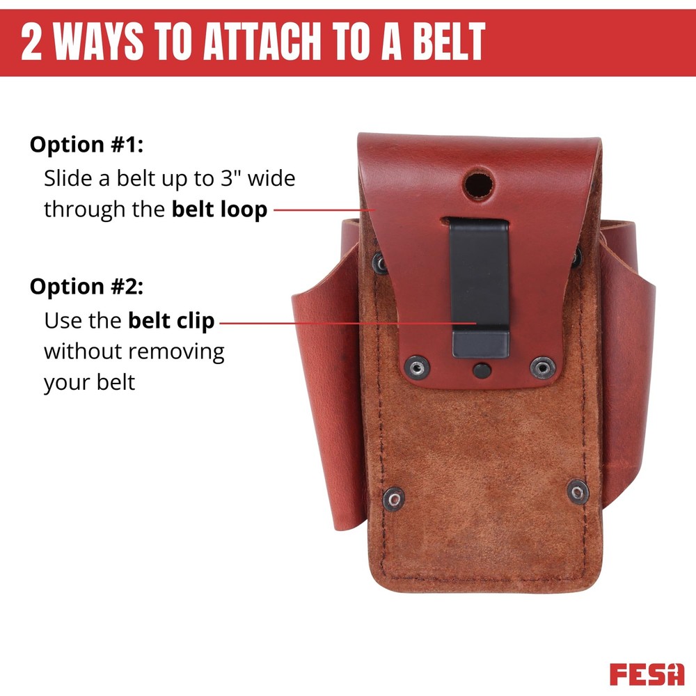 FESA Small Leather Tool Pouch, Heavy Duty, 5-Pocket, Hammer Loop, Cherry