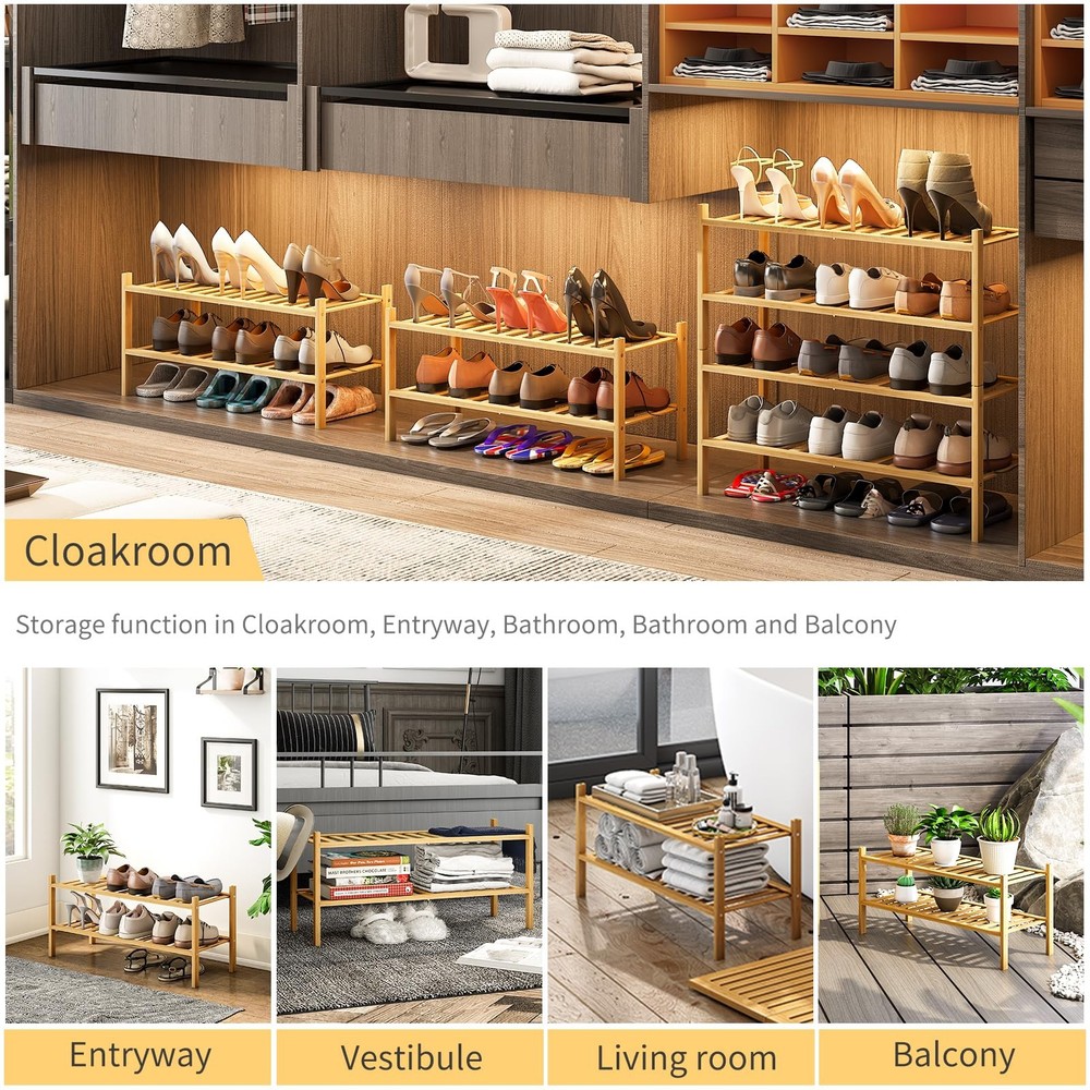 2-Tier Bamboo Shoe Rack for Entryway, Stackable | Heavy Duty | Multi-Function...
