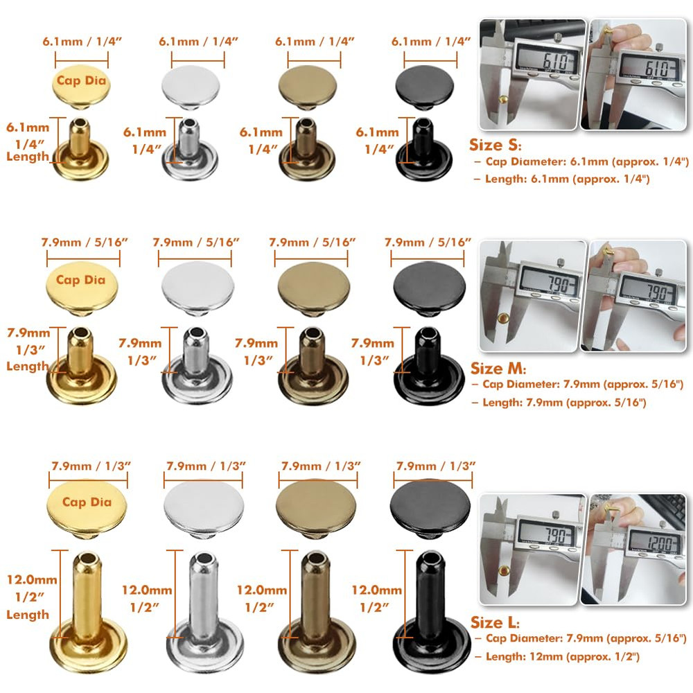 480 Sets Small Double Cap Leather Rivets 4 Colors 3 Sizes (Cap Diameter: 6Mm/8Mm