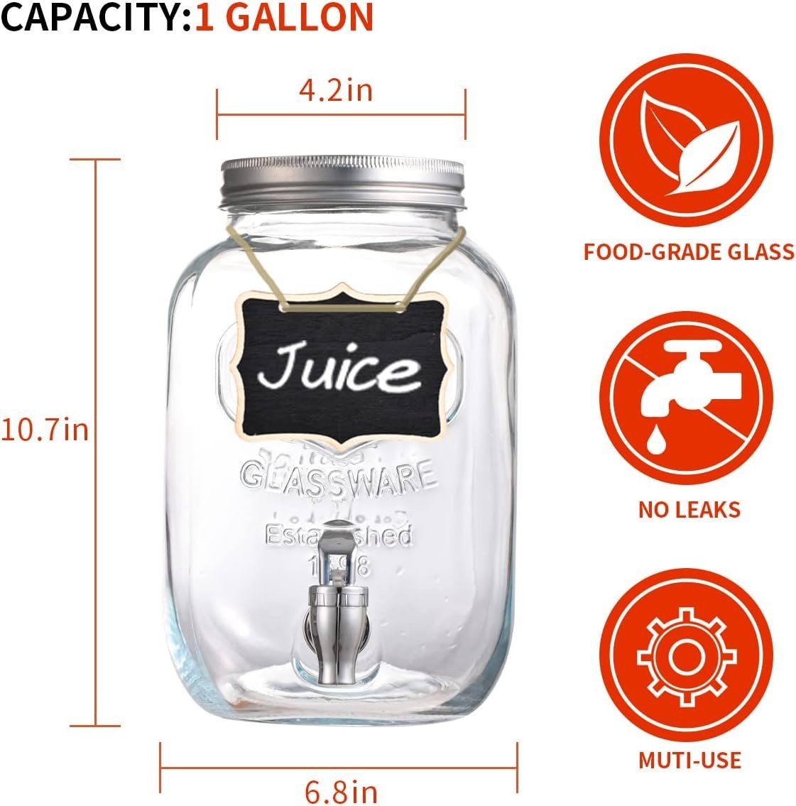 1 Gallon Glass Beverage Dispenser w/ Spigot 2 Pack 6.8x6.8x10.7in Party