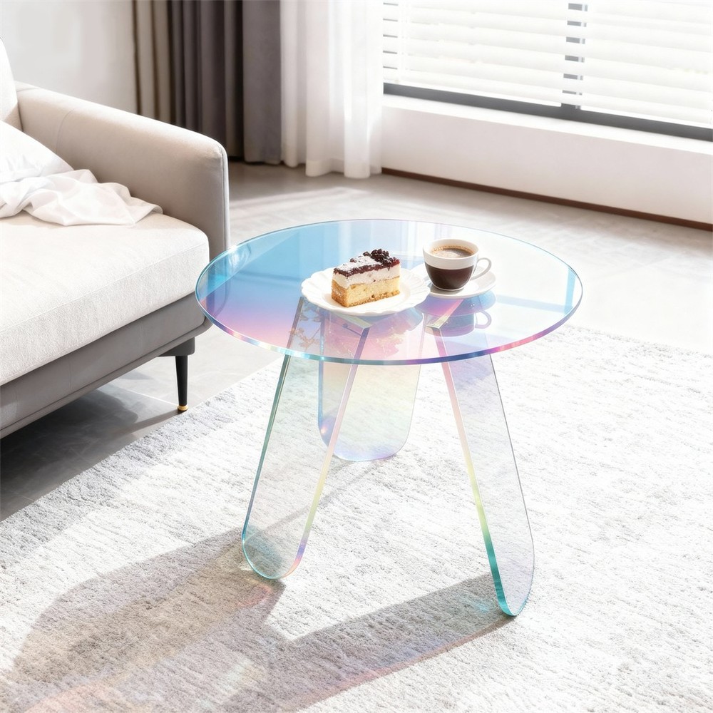 Round Iridescent Rainbow Coffee Table Acrylic Sofa Side End Table Triangle Legs