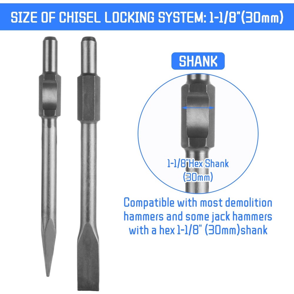 2 PCS Jack Hammer Chisel Bits, 1-1/8 Hex Shank, Point, Flat, Concrete Breaker