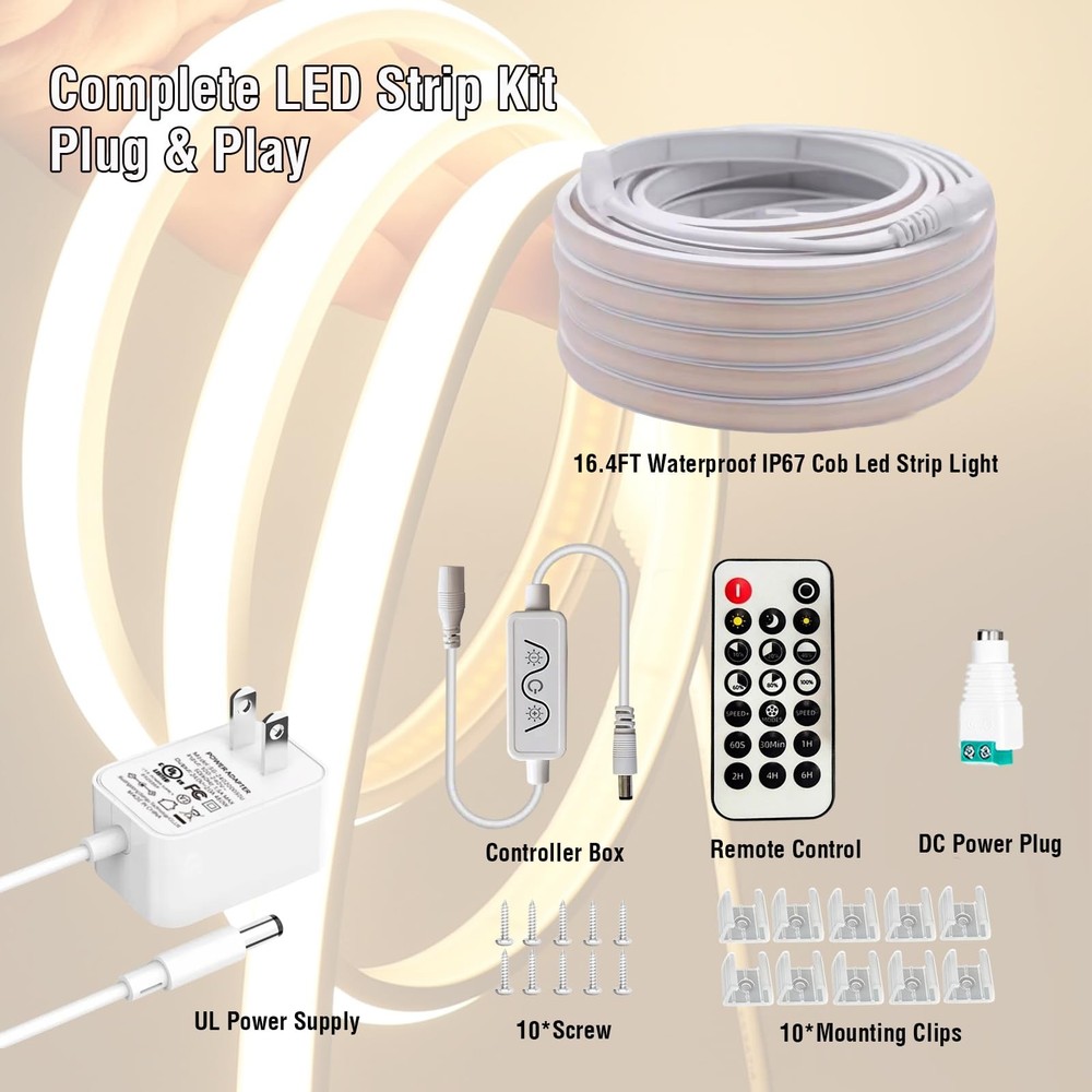 IP67 Waterproof Warm White Dimmable Dotless COB LED Strip Light with Remote &...