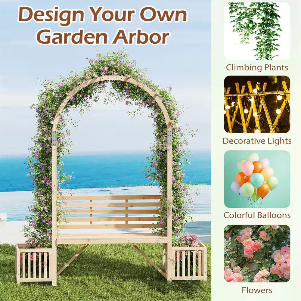 Garden Bench Arbor Arch with Love Seat 2 Trellises & Planting Box to Grow Grapes