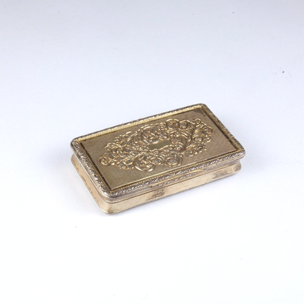 Ea. 19th c. Continental Gilt Silver Snuff Box Elaborate Repousse Floral Design