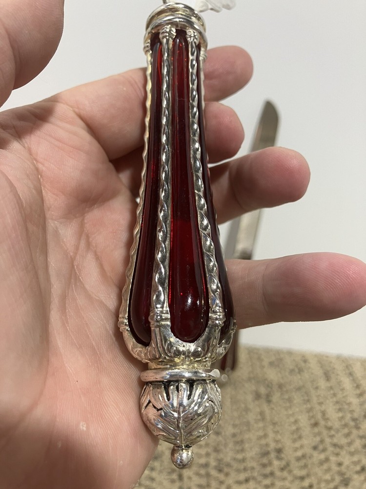 Silver Plated Dessert Set-Knife & Server w/Ruby Red Glass & Silver Accent Handle