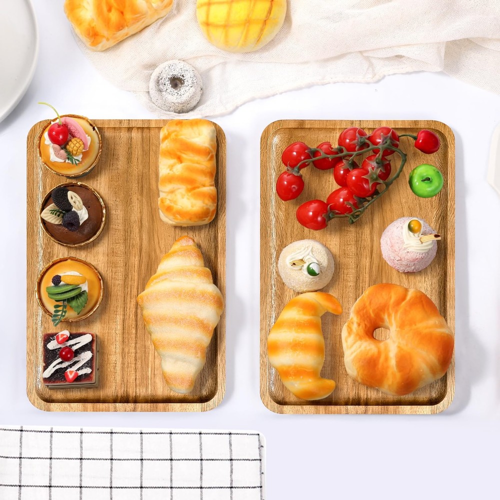 2 PCS 11.8x7.8 Solid Acacia Wood Serving Trays Rectangular Wooden Platters