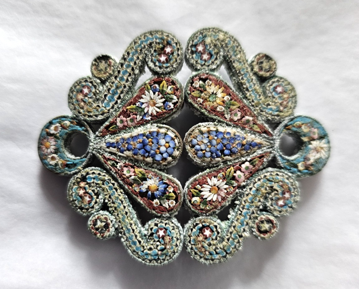 Antique Italian MICRO MOSAIC Brass 2-Piece BELT -Sash BUCKLE-Brought from Italy