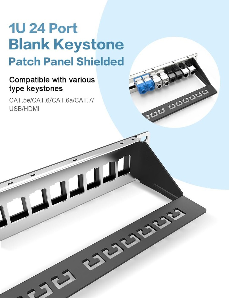 24Port Blank Keystone Patch Panel 1U 19" for Rackmount & Wall Mount Shielded ...