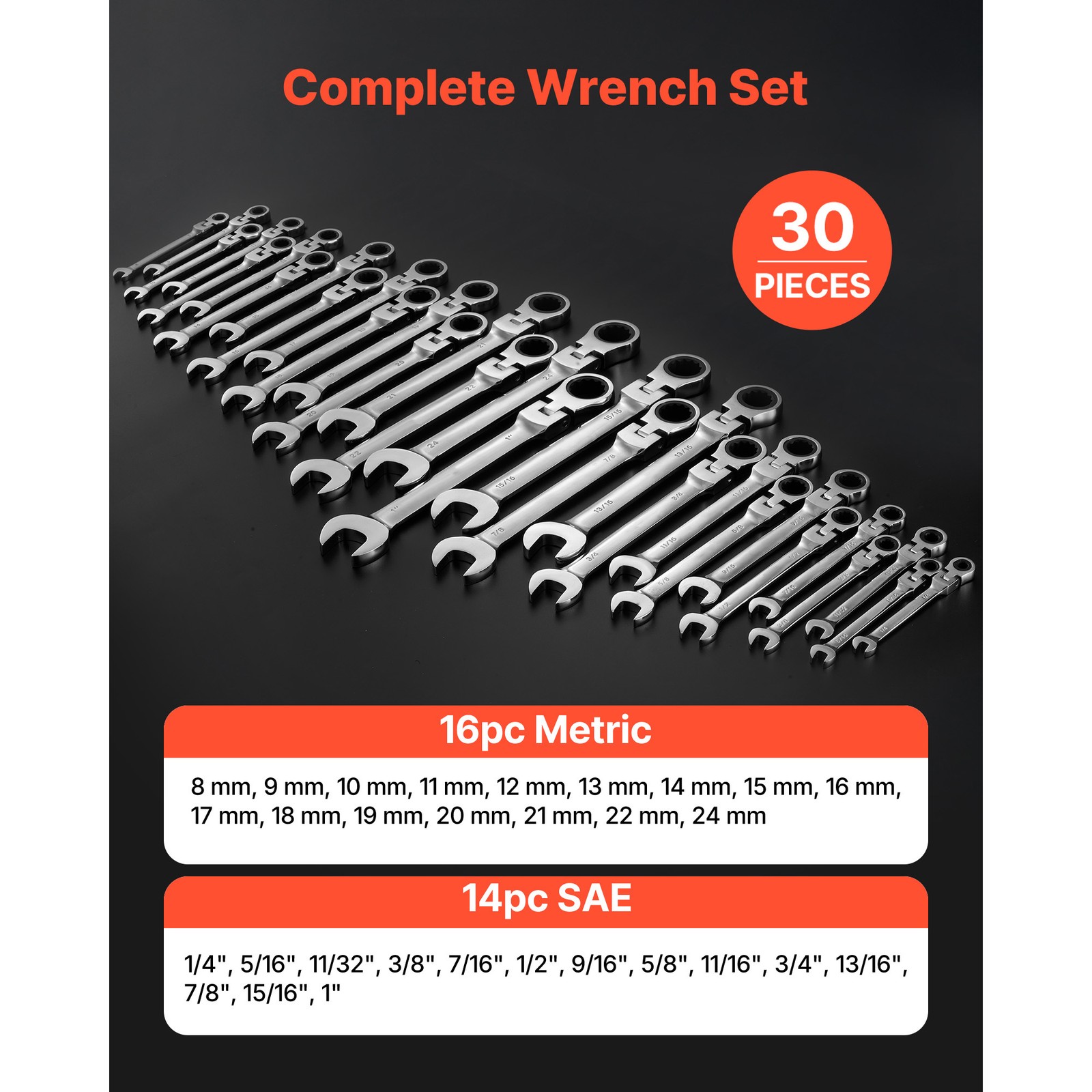 Uimoso 30-Piece Flex-Head Ratcheting Combination Wrench Set, SAE & Metric