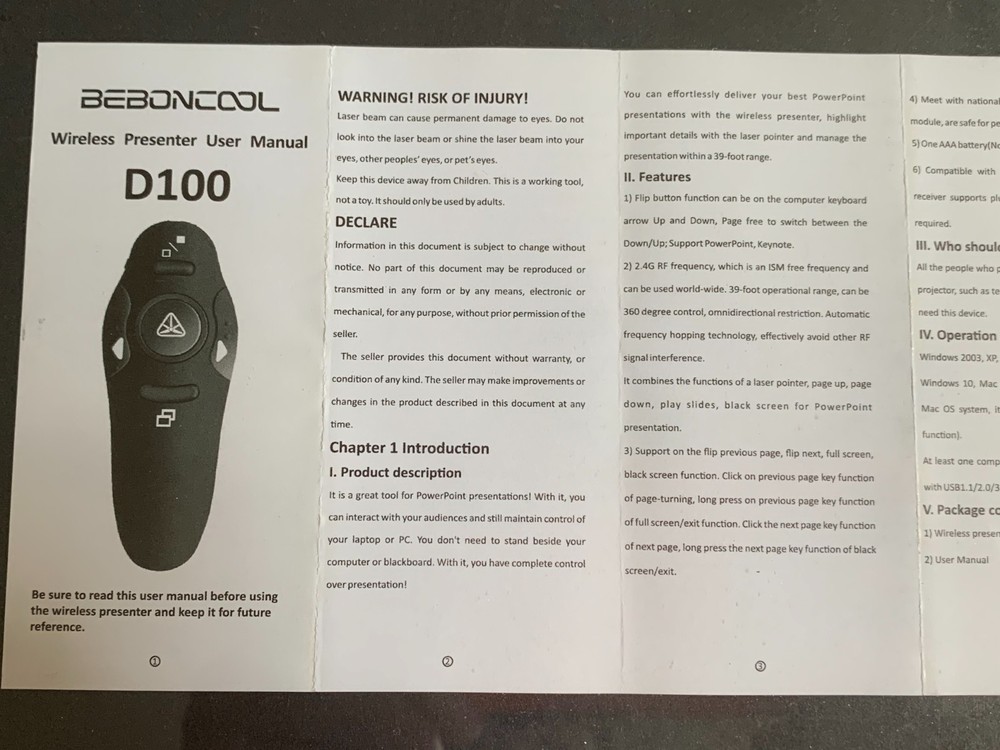 BEBONCOOL Wireless Presenter Remote 2.4GHz USB Control PowerPoint PPT Clicker