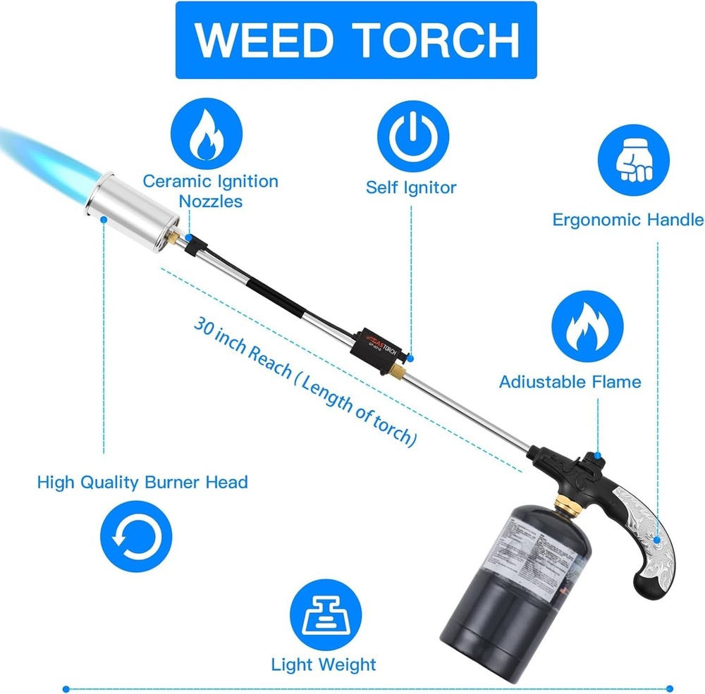 Versatile Propane Weed Torch 30" Long Arm & Flame Control for Garden Use
