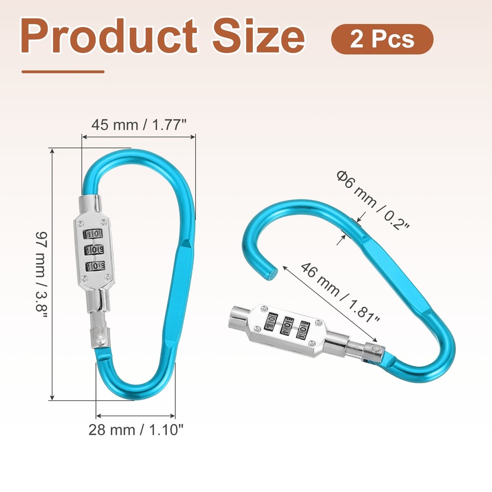 2 Pcs 3.8" x 1.8" D-Shaped 3-Digit Code Combination Lock D-Ring Clip, Light Blue
