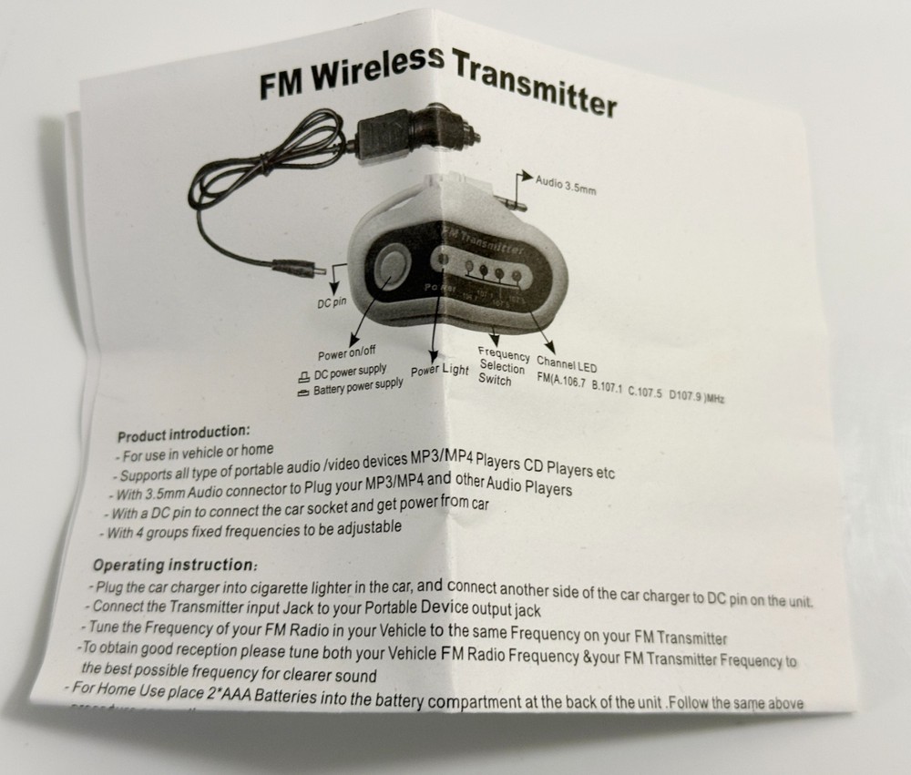 Portable FM Wireless Transmitter (BRAND NEW IN BOX)
