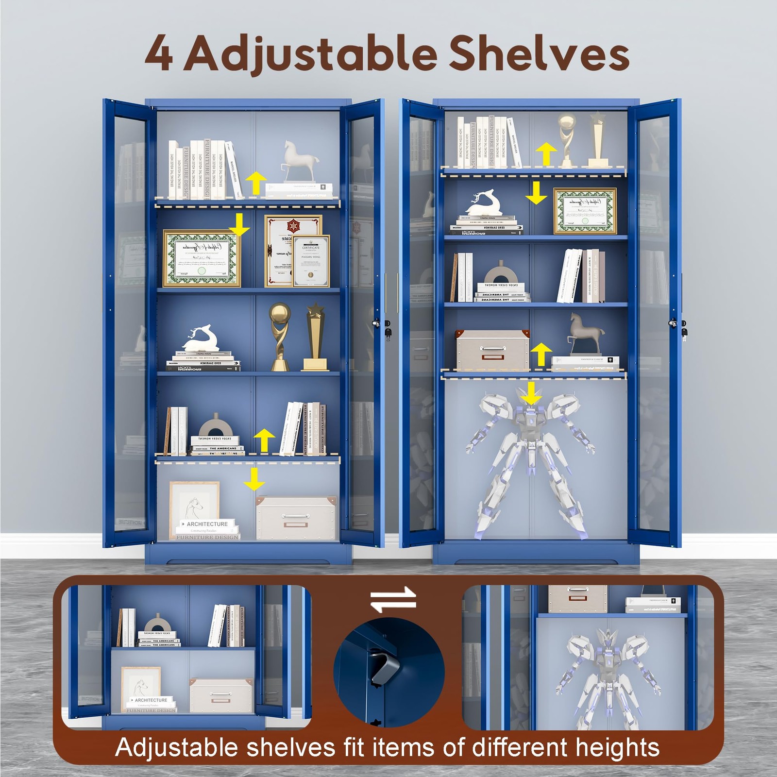 Liquor Bookcase with Doors 4 Adjustable Shelves Lockable Display Cabinet Blue