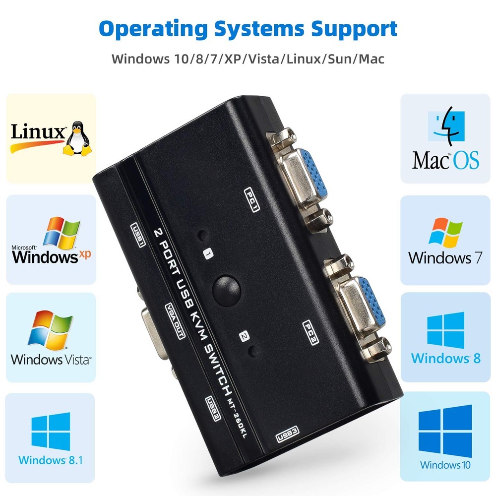 VGA USB KVM Switch, 2 Port Switcher Selector 2 KVM, Black