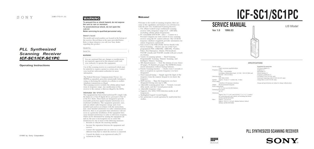 SONY ICF-SC1 WAVEHAWK SCANNER OPERATING INSTRUCTIONS and SERVICE MANUAL