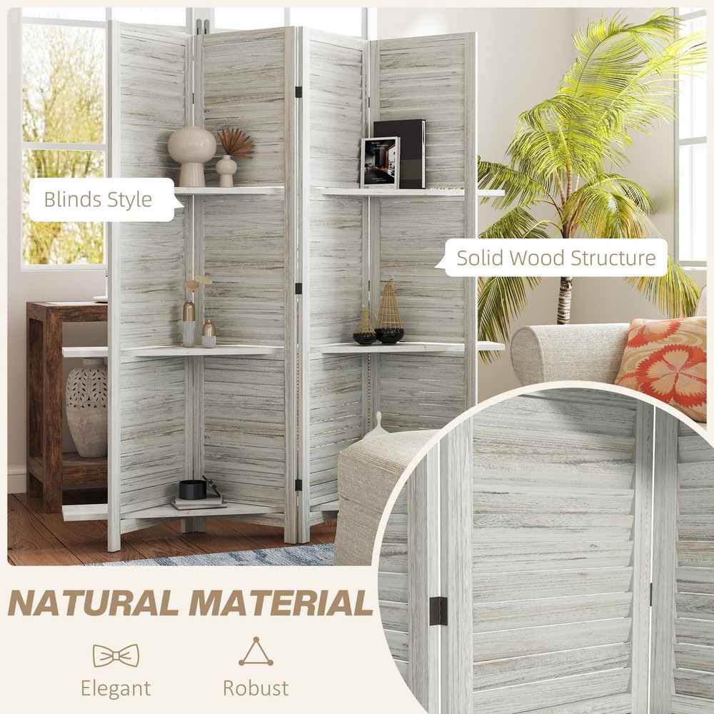4 Panel Privacy Screen, Room Divider with 3 Shelves Distressed White