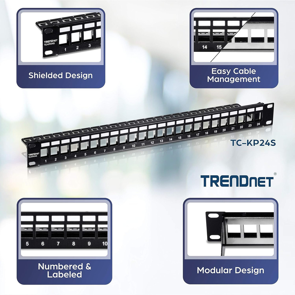 24-Port Blank Keystone Shielded 1U Patch Panel, 1U 19" Rackmount Housing, Protec