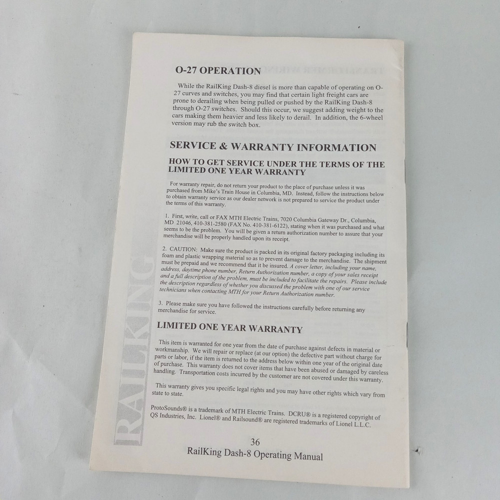 MTH Rail King Dash-8 Diesel Engine Train Operating Instructions Manual ONLY