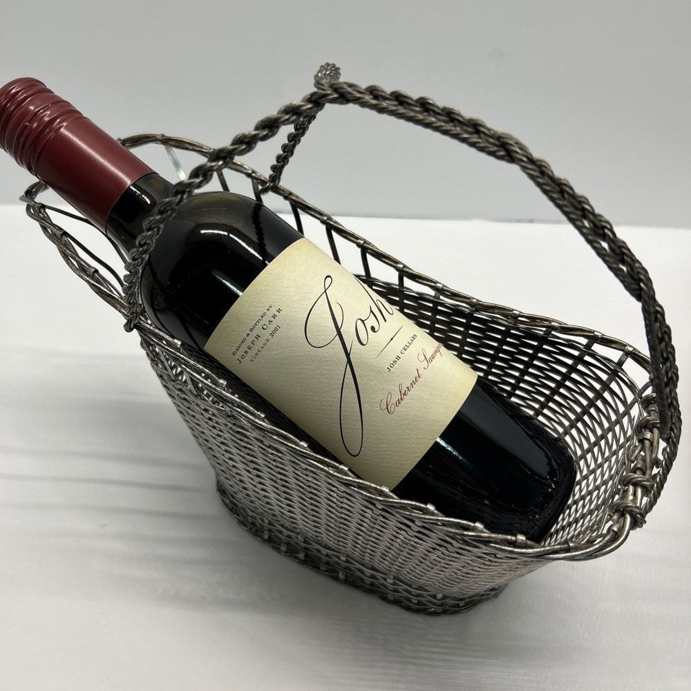 Vintage Silverplate Bottle Pourer Woven Metal Basket Wine Caddy Japan