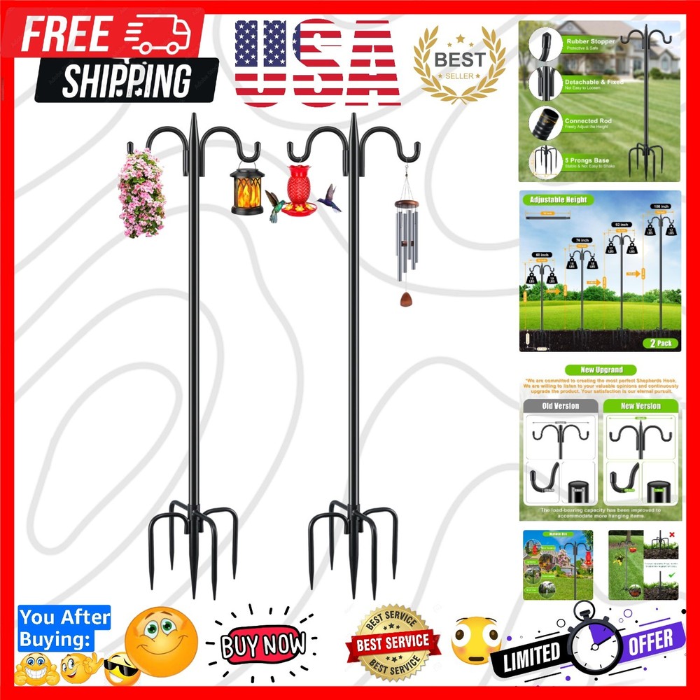 2-Pack Adjustable Double Shepherd's Hooks - 92 Inch Wrought Iron Garden Hooks