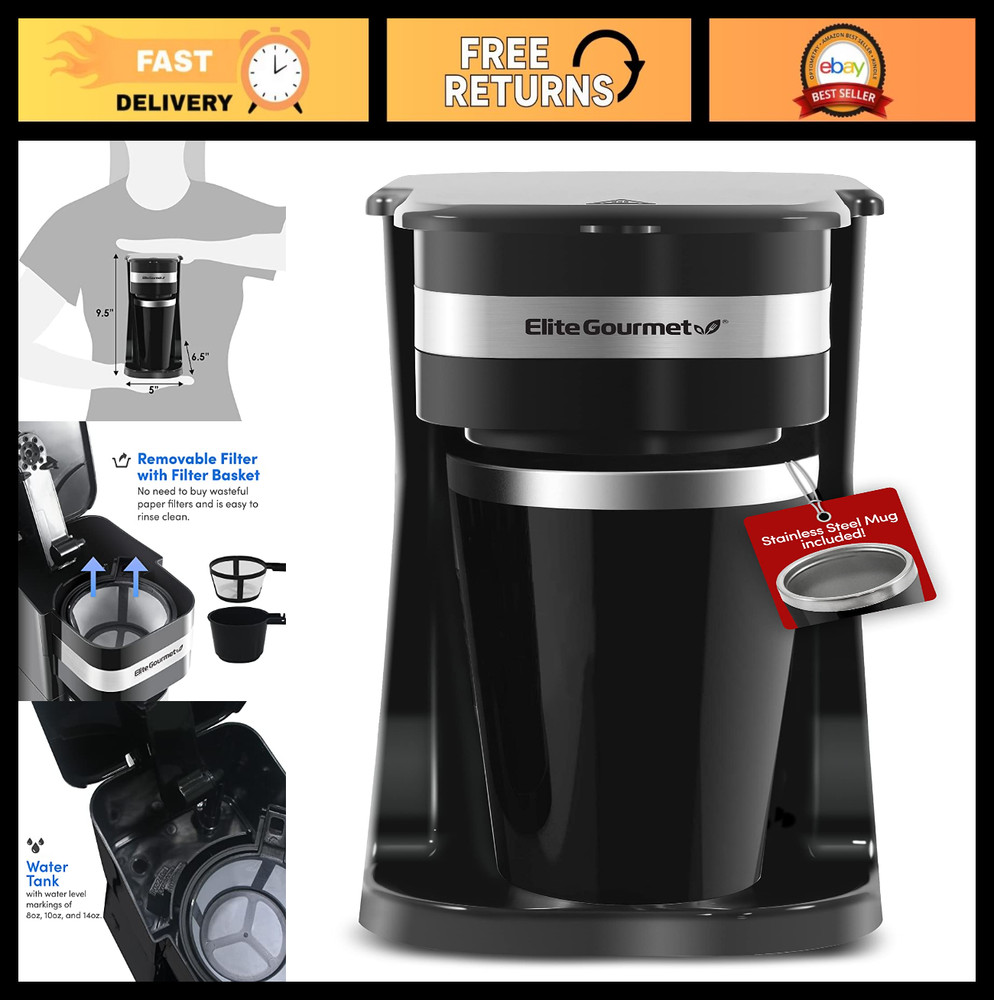 Compact Single-Serve Coffee Maker with 14oz Thermal Mug, Reusable Filter, Black