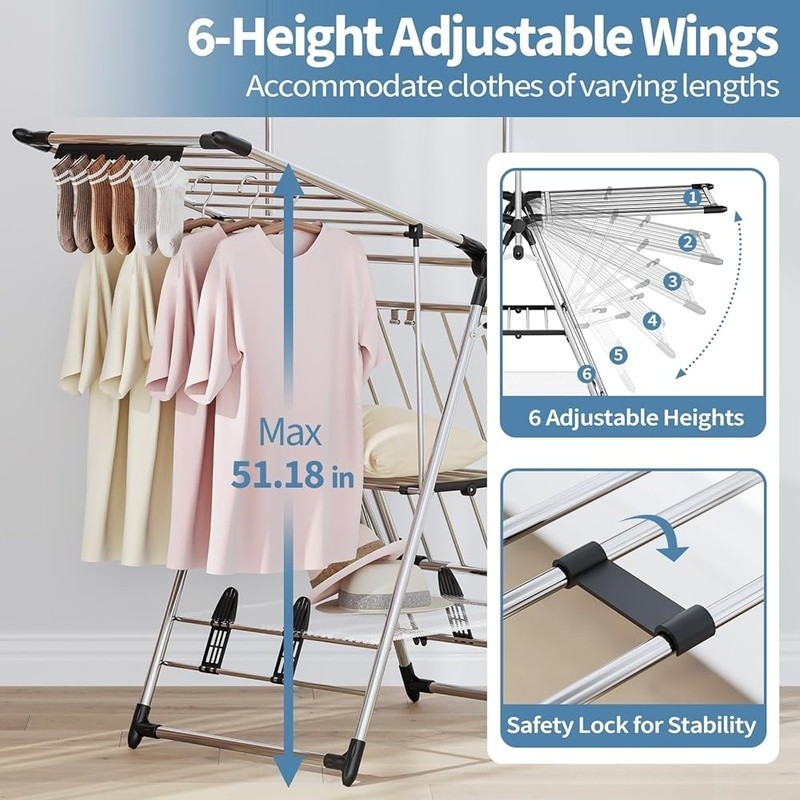 Foldable Clothes Drying Rack 3-Level Laundry Stand Shoe Rack Adjustable Wings US