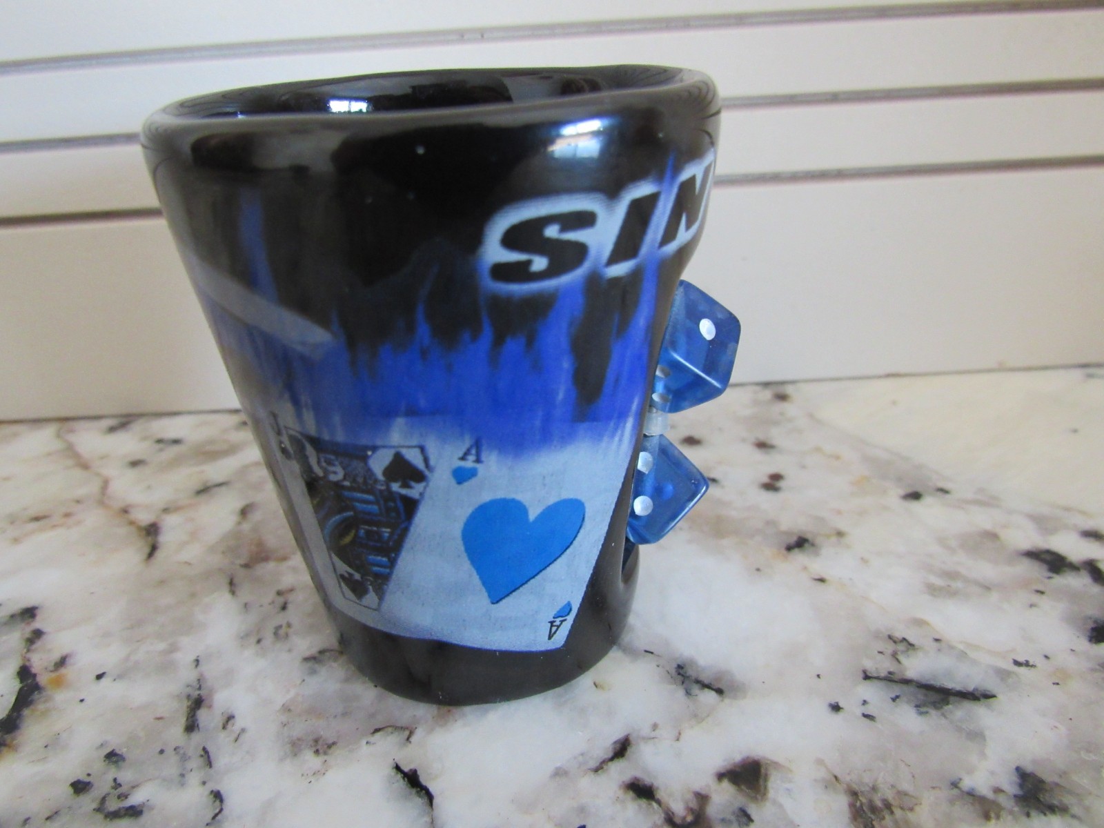 Sin City Las Vegas Nevada Black & Blue Ceramic Shot Glass w/ Spinning Dice