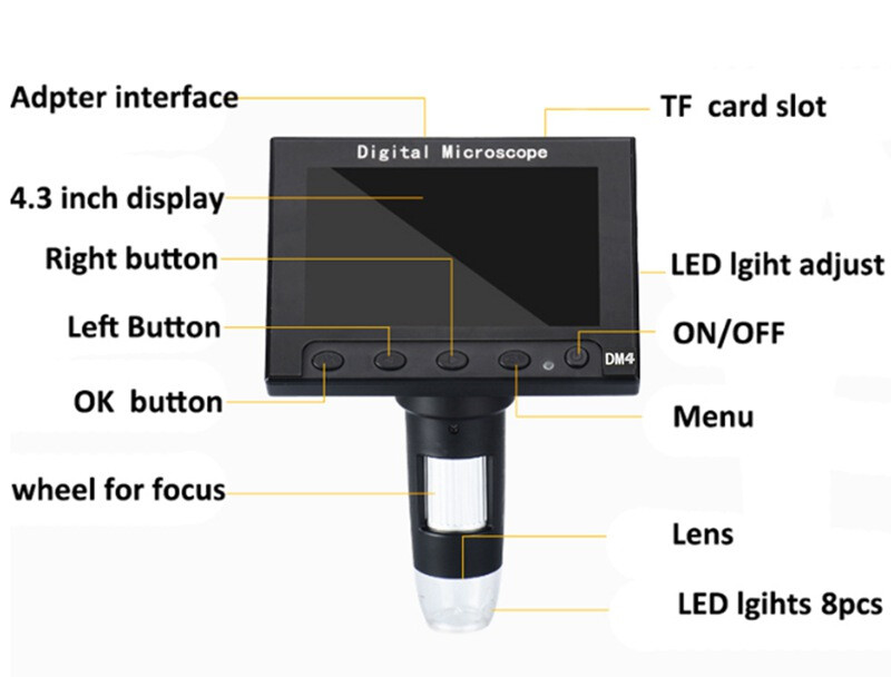 USB Digital Electronic Microscope DM4 4.3"LCD Display VGA Microscope with Stand