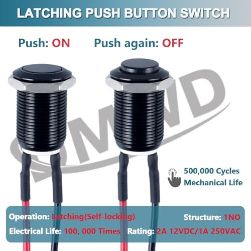 5pcs 12mm Push Button Switch Raised Head ON-Off Normally Open Latching Black