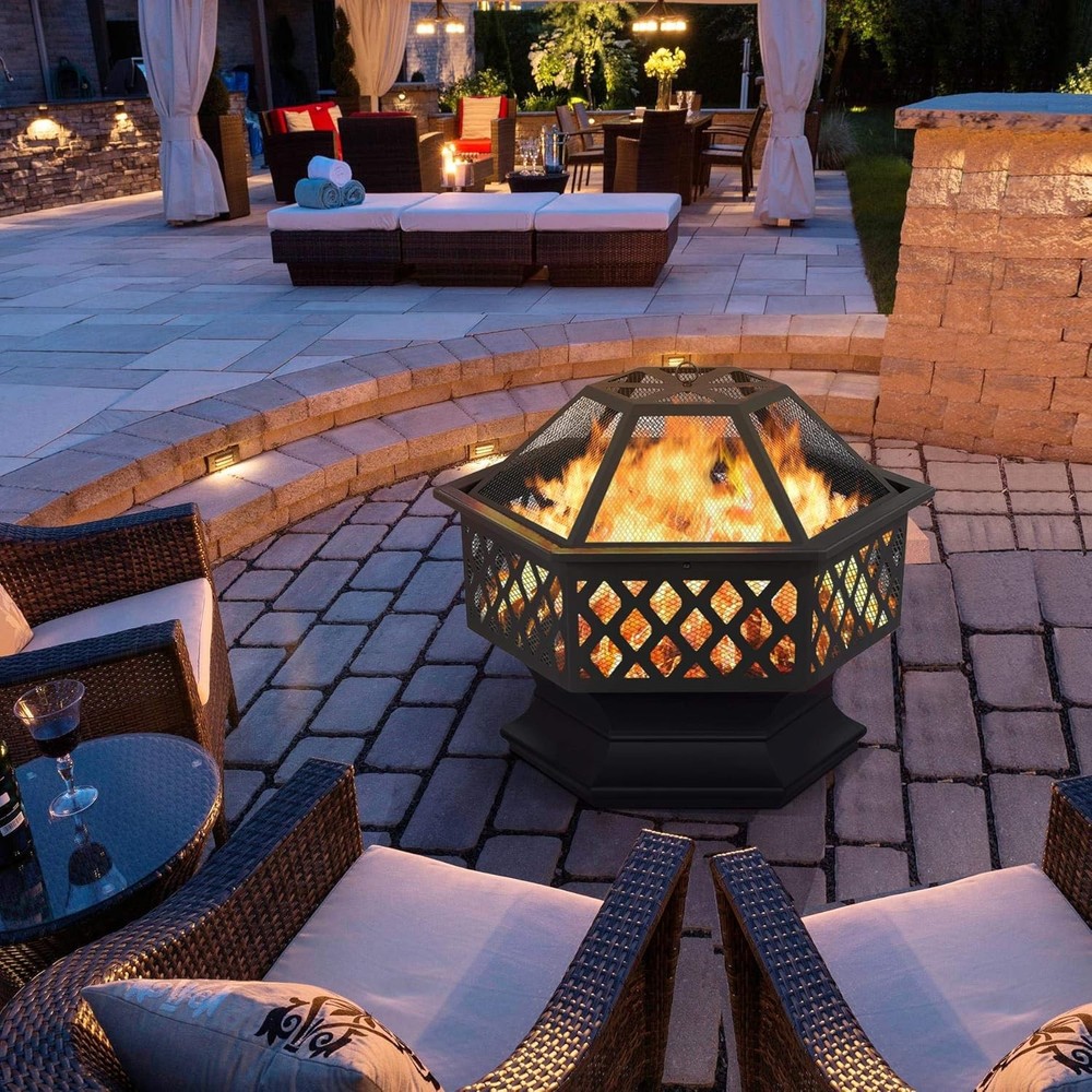 Fire Pit Fire Pits for outside 24In Hex Shaped Firepit Bowl with Spark Screen &