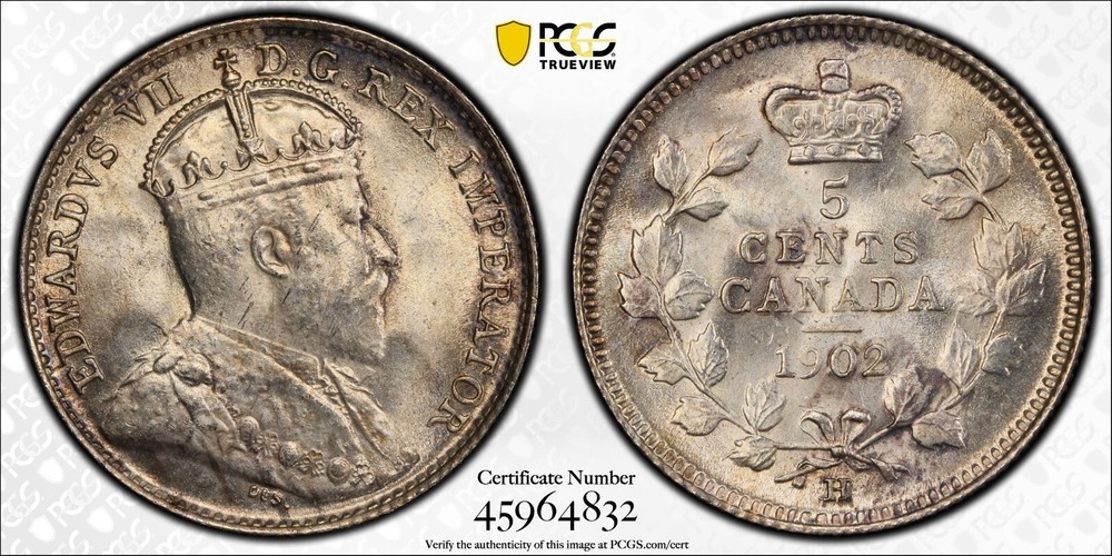 1902-H Canada 5 cents silver Large H PCGS MS65