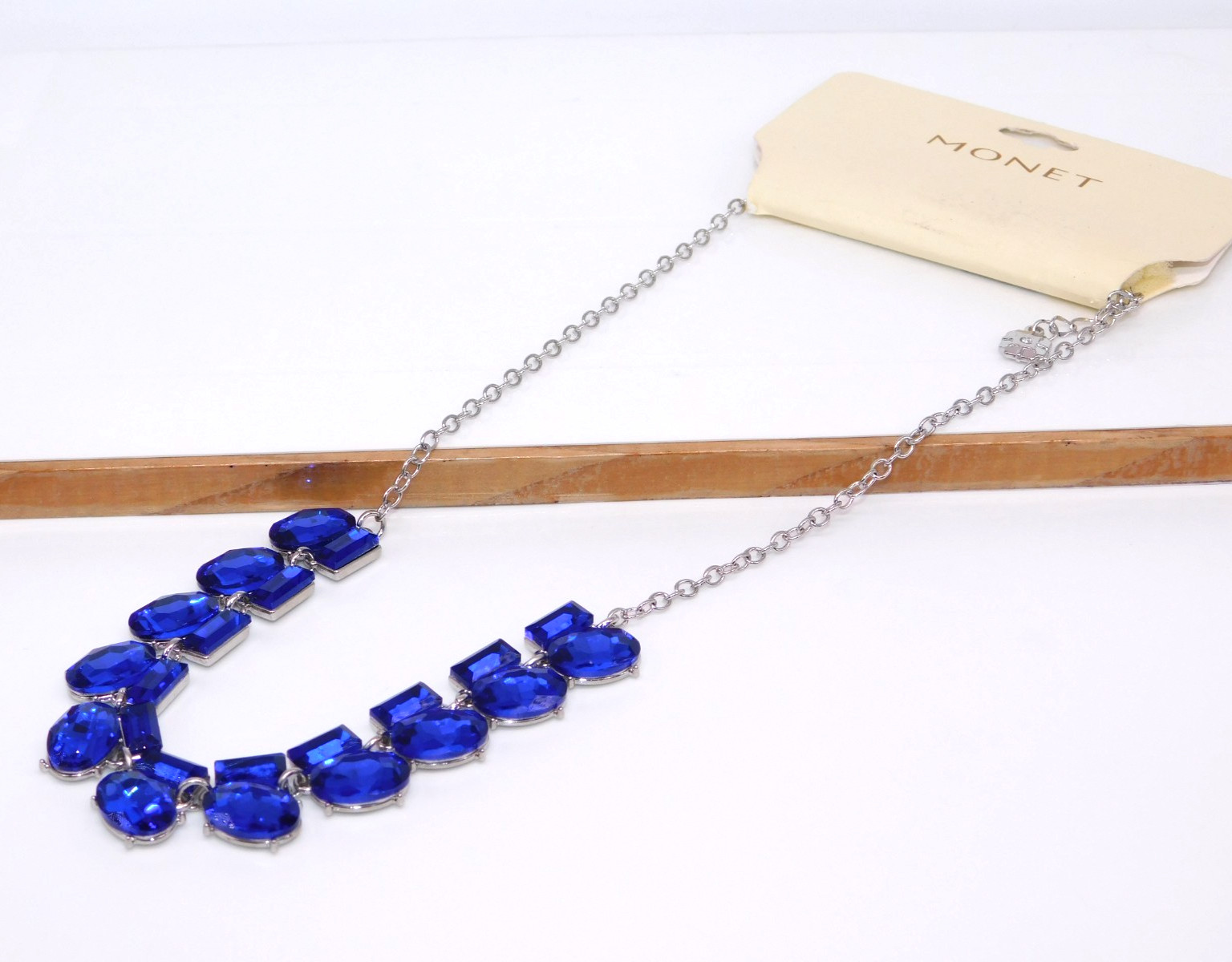 MONET Royal Blue Faceted Glass Rhinestone Statement Necklace New with Tag
