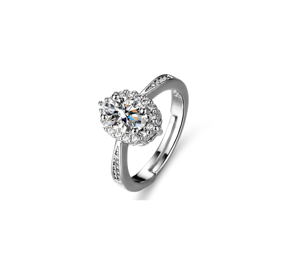 Oval Pave Cubic Zirconia Silver Adjustable Solitaire Ring