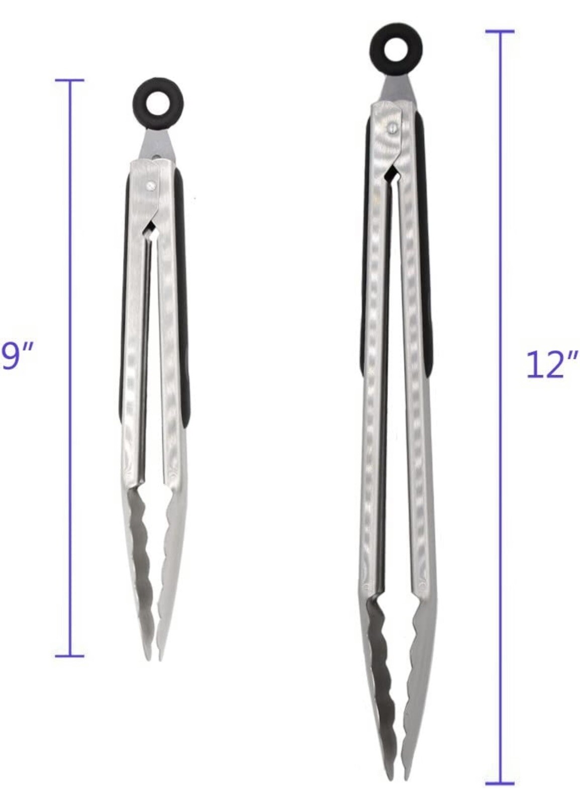 304 Stainless Steel Kitchen Cooking Tongs, 9" and 12" Set of 2